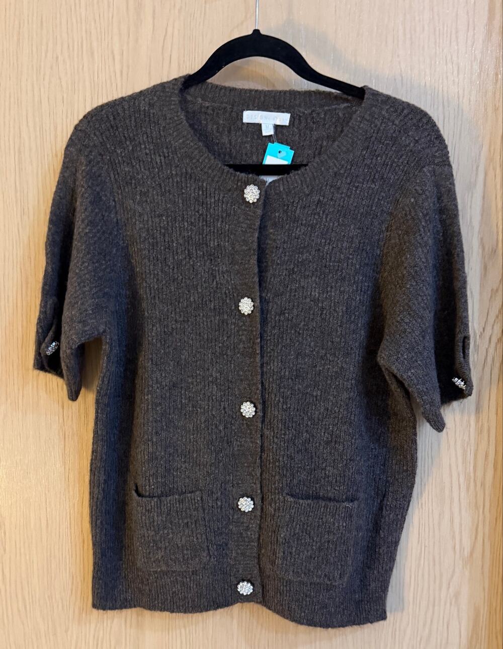 Design History Brown Rhinestone Button Short Sleeve Cardigan Sweater M NWT